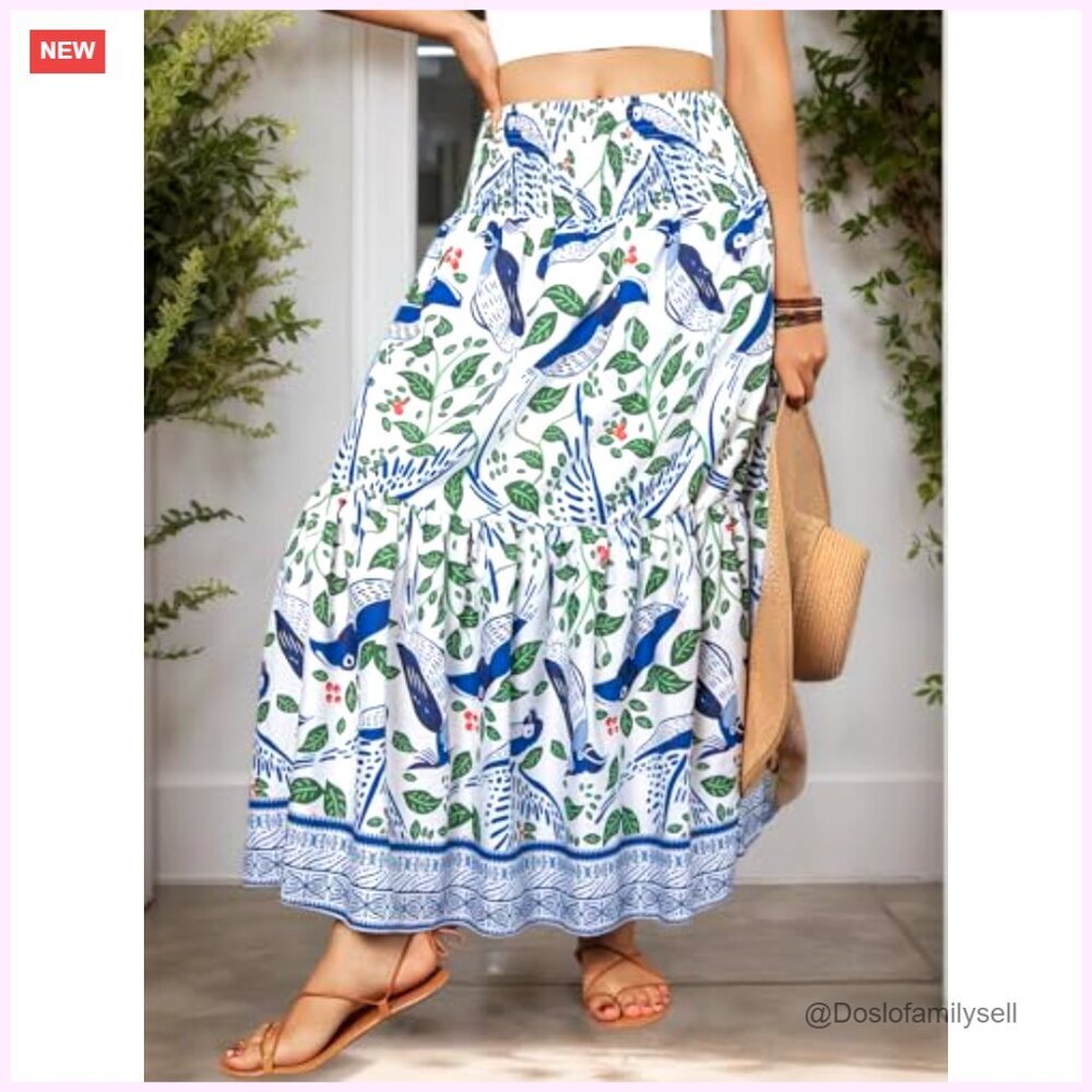 Women's High Waist Elastic Pleated A-Line Maxi Skirt Flowy Long Boho - Picture 4 of 7
